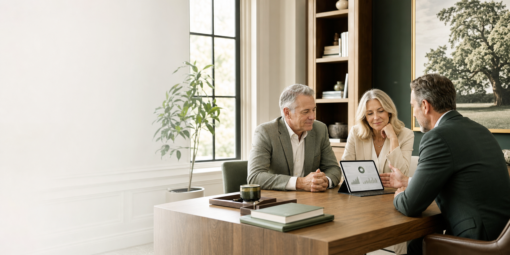 Mature investors reviewing a long-term investment plan with a financial advisor.
