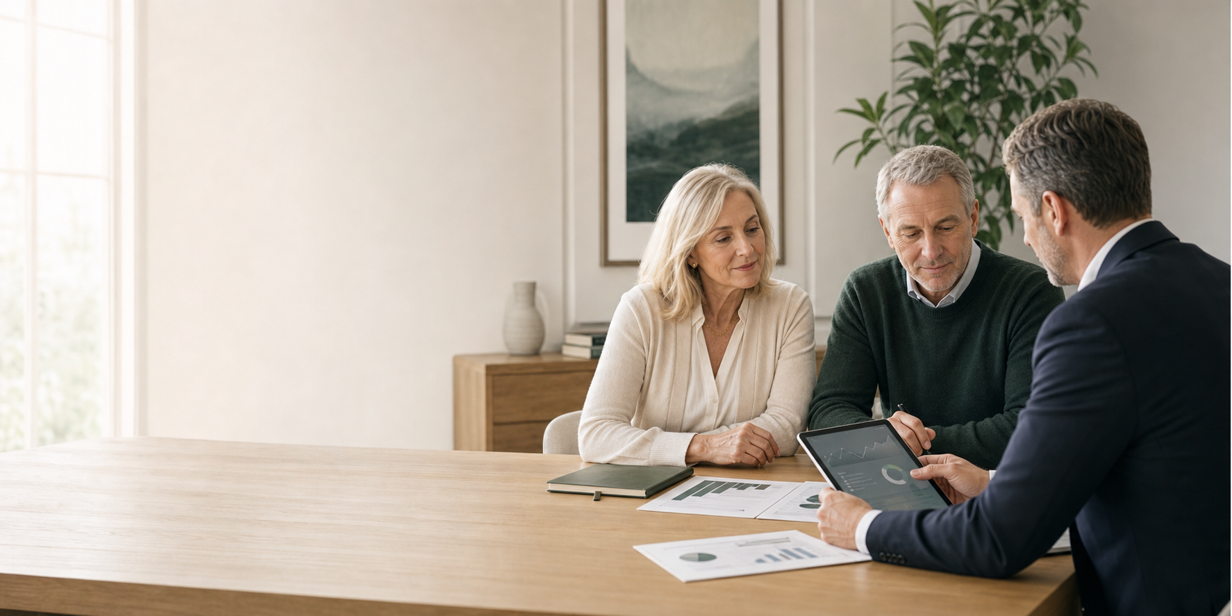 A refined portfolio dashboard beside retirement planning documents.