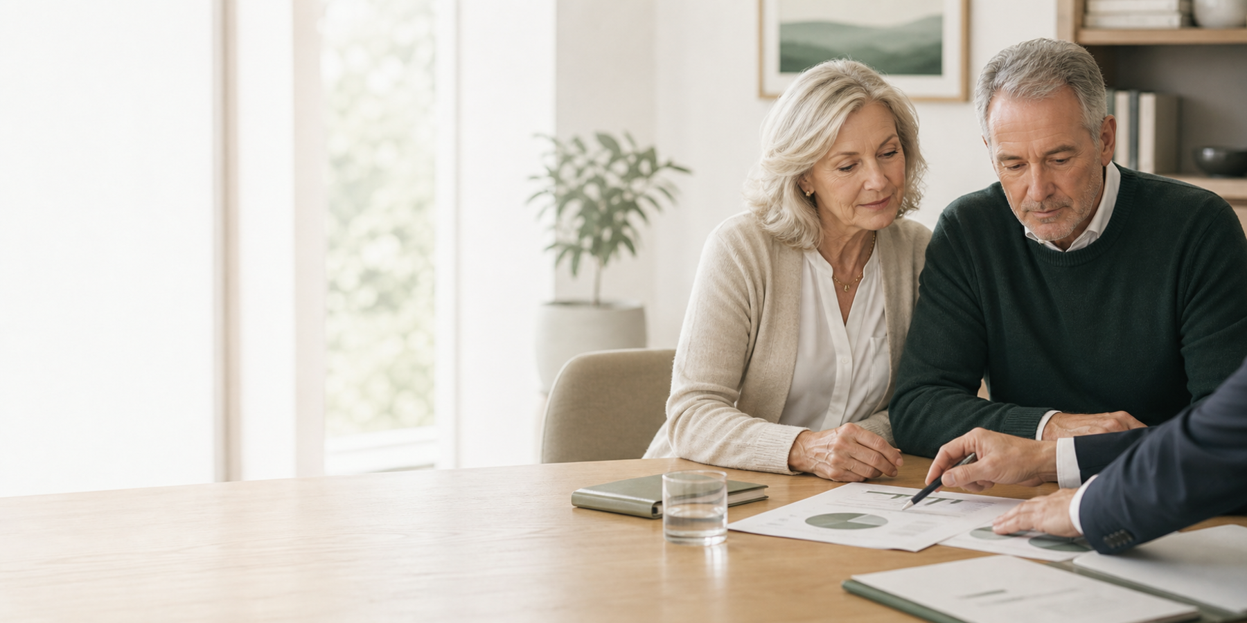 Advisor and investors reviewing diversified portfolio allocation materials.