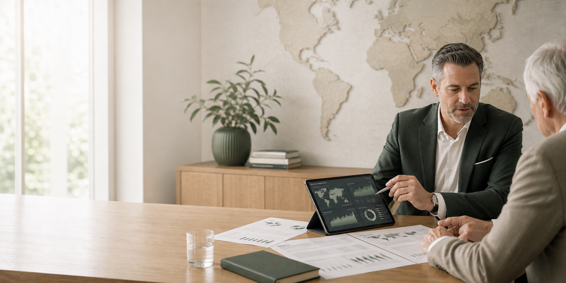 A financial advisor and investors reviewing a portfolio dashboard on a tablet.